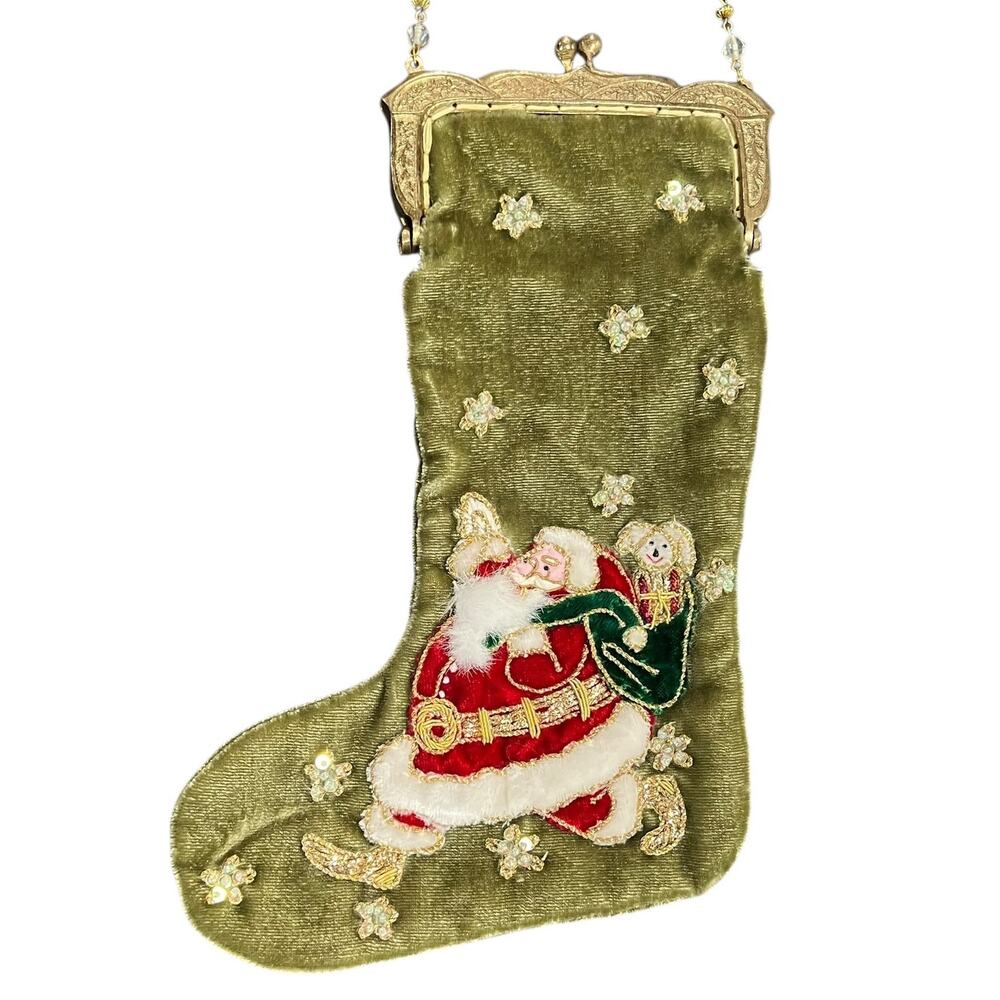 Mark Roberts Christmas Stocking Purse Green Velvet Beaded Chain
